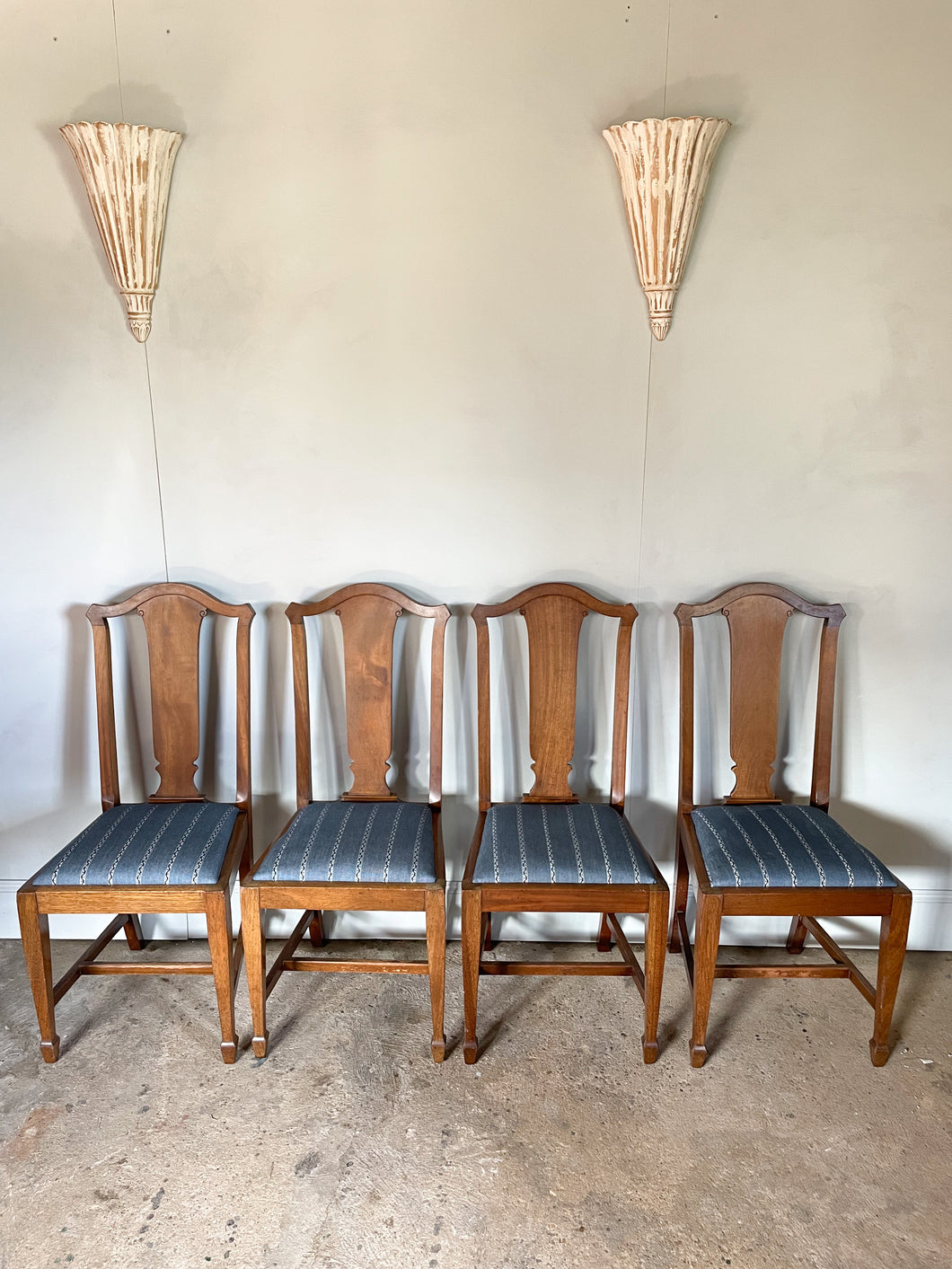 Set of Four Mid Century British Dining Chairs -  with newly covered seats in Guy Goodfellow Fabric