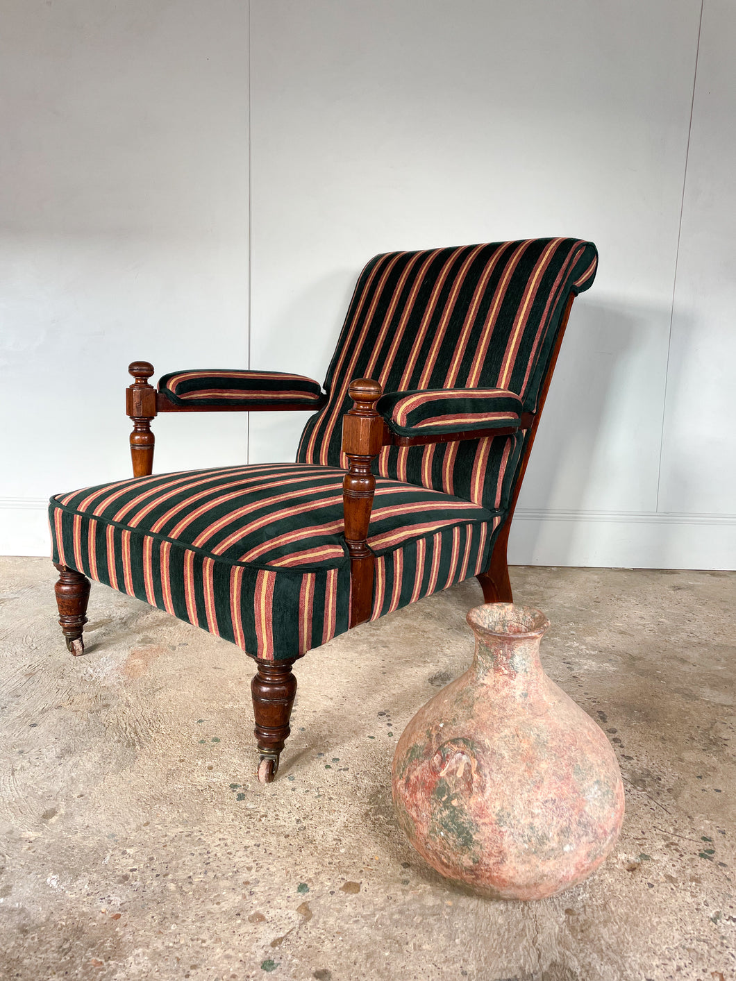 Victorian Open Arm Chair by Gillows reupholstered in Robert Kime