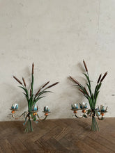 Load image into Gallery viewer, French Toileware Sconces with a bullrush design - rewired.
