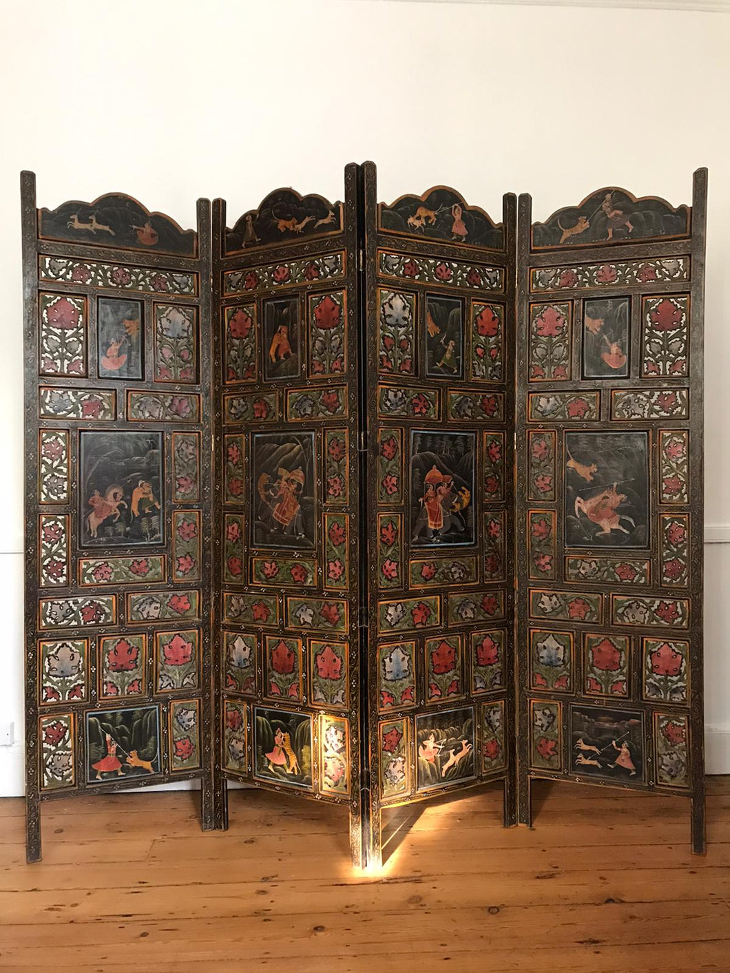 Wooden Carved Indian Painted Screen / Room Divider